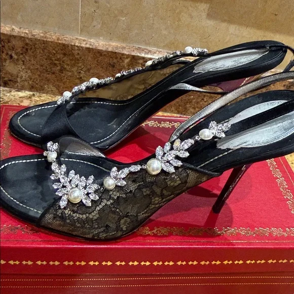 Rene Caovilla Black Heels  with Lace, Crystal and Pearl Accents Sz 40 - Picture 3 of 6